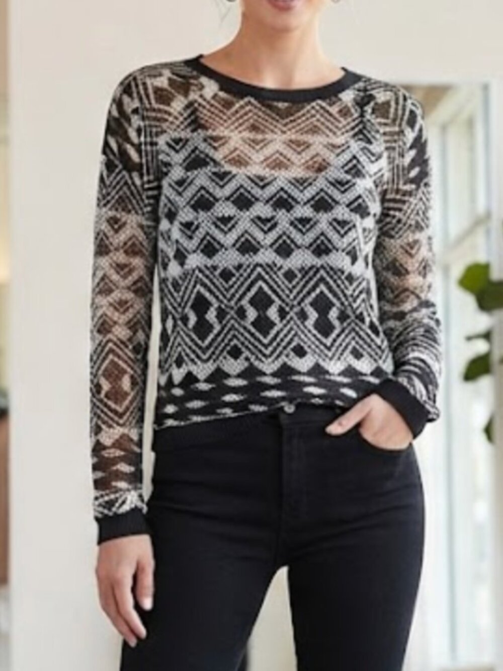 Paper Crane Black & White Geometric Print Mesh Top, One Size